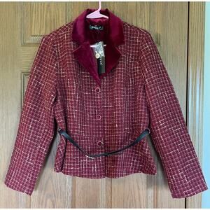 NWT Allegra K Tweed Wine Dress Jacket Top with Belt. Velvety Collar and Buttons